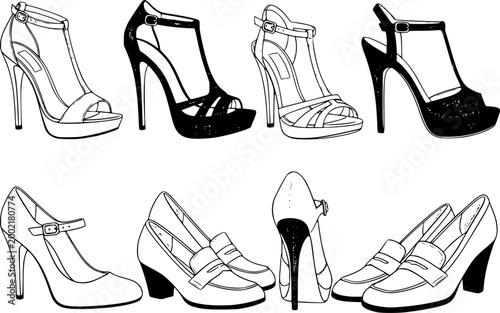 Collection of heel shoes and loafers, black and white line fashion footwear