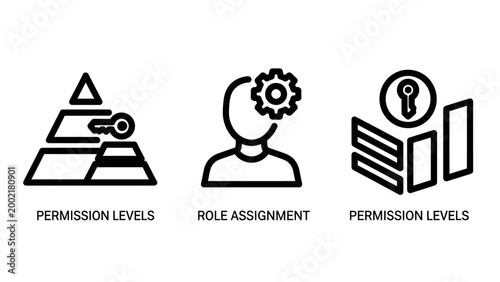 User permission and role assignment icons for digital access control and security systems with permission assignment security authorization hierarchy management authentication protection