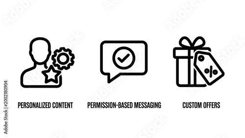 Business personalization and digital marketing icons set with personalized messaging marketing customer business settings discount communication interface minimalist strategy consumer
