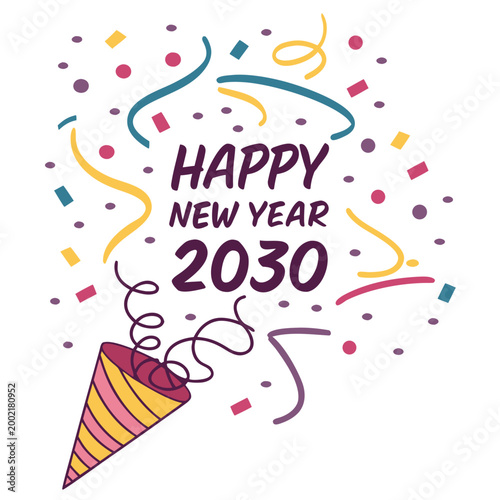 Happy new year 2030 illustration with confetti and party popper