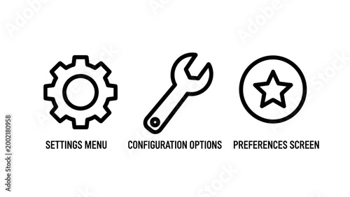Icon set featuring settings gear wrench for configuration options star symbol for user preferences and customization settings preferences configuration customization interface