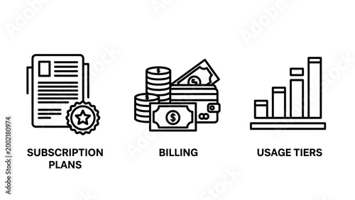 Set of financial business icons illustrating subscription plans with star rating currency billing with stacks of coins and wallet growth usage tiers chart subscription financial business