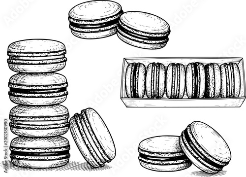 Hand-drawn black and white macarons, stacked, boxed, and scattered white background