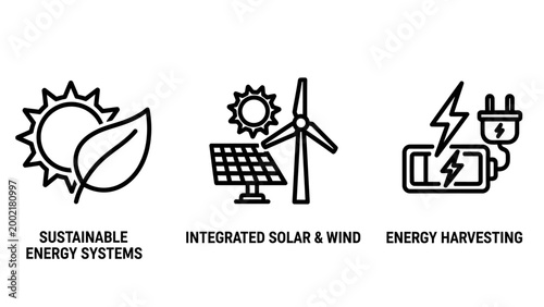 Sustainable energy systems and power harvesting icons: solar wind battery technology with energy saving sustainability technology renewable harvesting integrated electric electricity charging