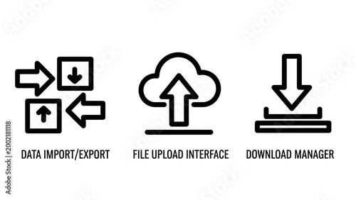 Data import export file upload interface and download manager line icons set with download interface transfer technology computing minimalist illustration exchange uploading downloading