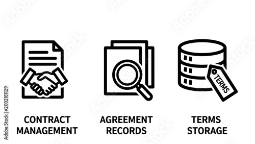 Contract management agreement records and terms storage line icons set with contract management agreement document handshake business database magnifying paperwork compliance information