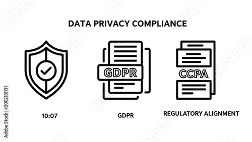 Data privacy compliance gdpr and regulatory alignment line icons set with compliance regulatory alignment security document regulation protection standard business information cybersecurity
