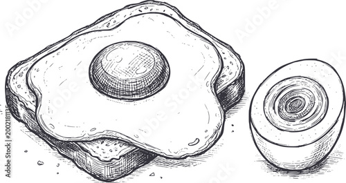 Hand-drawn of fried egg toast and hard-boiled egg half food breakfast