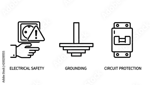 Electrical safety and circuit protection icon set for engineering safety with electrical grounding protection electricity electric technical engineering industry minimalist maintenance
