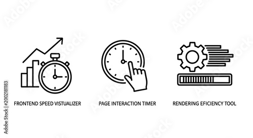 Three performance monitoring and web development process icons with loading bar performance monitoring development rendering optimization analytics software engineering technical efficiency