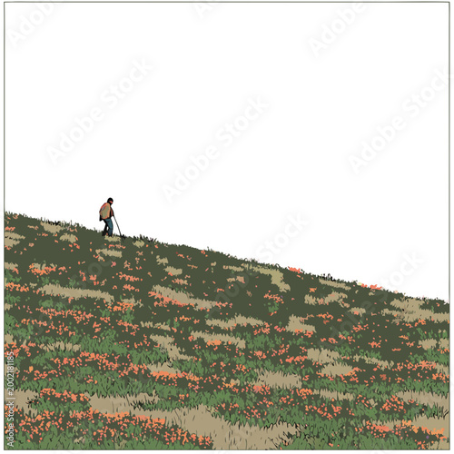 illustrated hillside with wildflowers and a walking figure high quality professional