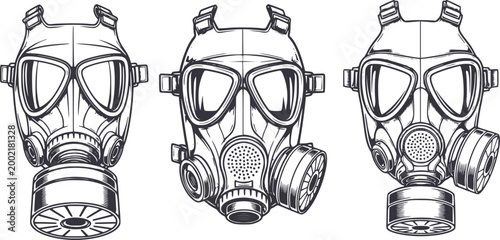 Vintage gas masks, detailed line isolated white background, protection safety