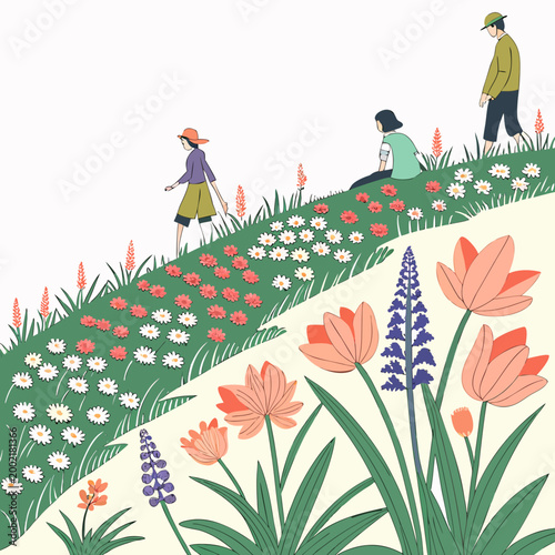 Floral hillside illustration with people enjoying a garden scene high quality