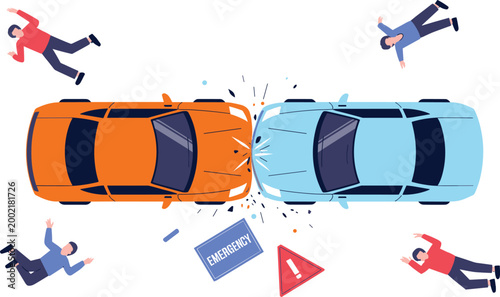 Vector illustration of a car crash with emergency signs, sparks, debris, and injured people on the ground