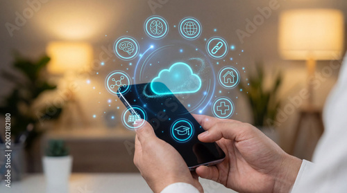 Hands holding smartphone with internet of things icons and glowing cloud symbol