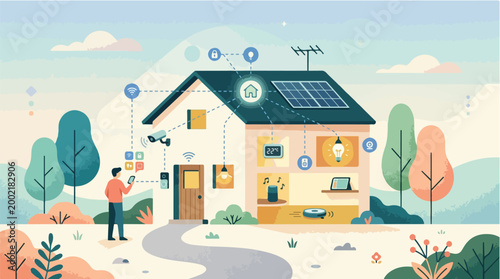 Smart Home Technology Illustration Vector Graphic Featuring Connected Devices and Home Automation System for Modern Living