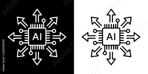 Artificial intelligence processing icon AI chip with arrows data distribution network