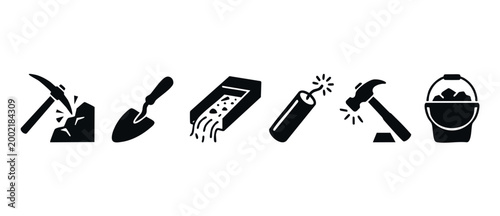 Mining Industry Icon Set, Excavation Tools and Equipment Symbols for Resource Extraction, Gold Prospecting and Industrial Geology Vector Illustration, Professional Black Solid Flat Style Graphics Coll