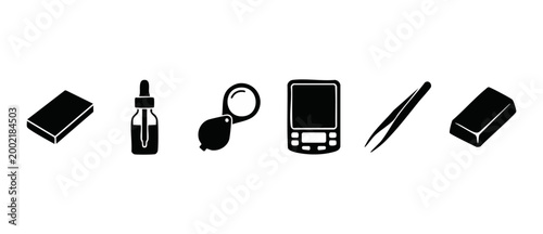 Jewelry Appraisal Tools Icons Set, Professional Gemstone Testing Equipment Including Scales, Tweezers, Dropper, Magnifier and Gold Bars for Goldsmith or Antique Dealer Collection, Minimalist Black Sil