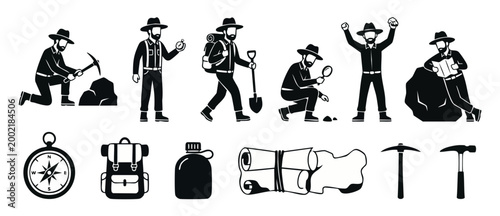 Geologist character set flat vector, explorer icons with mining equipment, hiking tools, and professional research activities for adventure branding, geological survey, and field exploration discovery