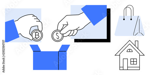 Financial planning, e-commerce, donations, saving, real estate, cryptocurrency. Hands exchanging Bitcoin and dollar coins, a shopping bag donation box and a house icon. Financial planning