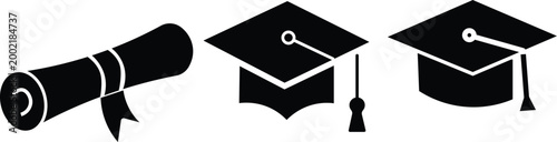 Vector Illustration of Graduation Caps and Rolled Diplomas in Different Styles. Professional Development and Certification

