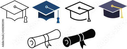 Vector Illustration of Graduation Caps and Rolled Diplomas in Different Styles. Professional Development and Certification


