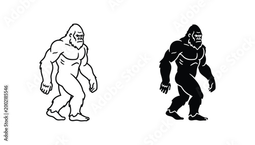 Bigfoot cryptid icon in outline and solid black vector graphic for folklore and mysterious creatures