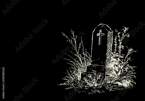 Lonely gravestone with cross surrounded by overgrown grass in dark dotwork cemetery illustration