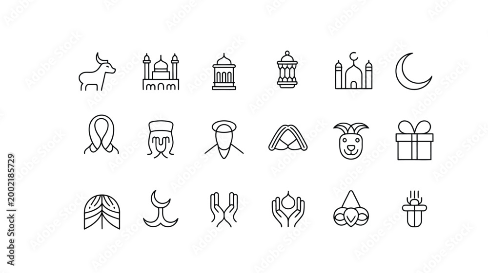 Fototapeta premium Eid ul Adha Line Icon Set Vector with Islamic Outline Symbols and Clean Design