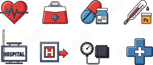 Medical and Healthcare Vector Icon Set Featuring Heart Rate Monitor First Aid Kit Capsules Thermometer Hospital Signboard Blood Pressure Gauge and Medical Cross Symbols.