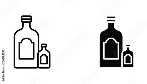 Set of two alcohol bottles in outline and solid black style for beverage industry branding and bar menu design elements isolated on white background for graphic projects