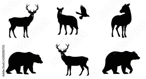 Collection of Animal Silhouettes Deer Bear Bird.