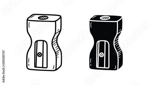 Handheld pencil sharpener icon with sharp lines in outline and solid black style for stationery and school supplies branding isolated on white