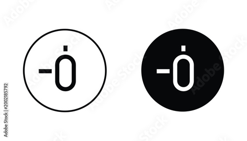 Circle interface button with minus symbol and zero digit in outline and solid black style for software settings and digital control panels isolated on white