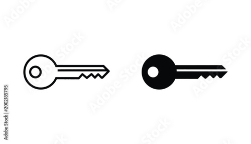 Classic door key icon for security and access control in outline and solid black style isolated on white background for web and app design