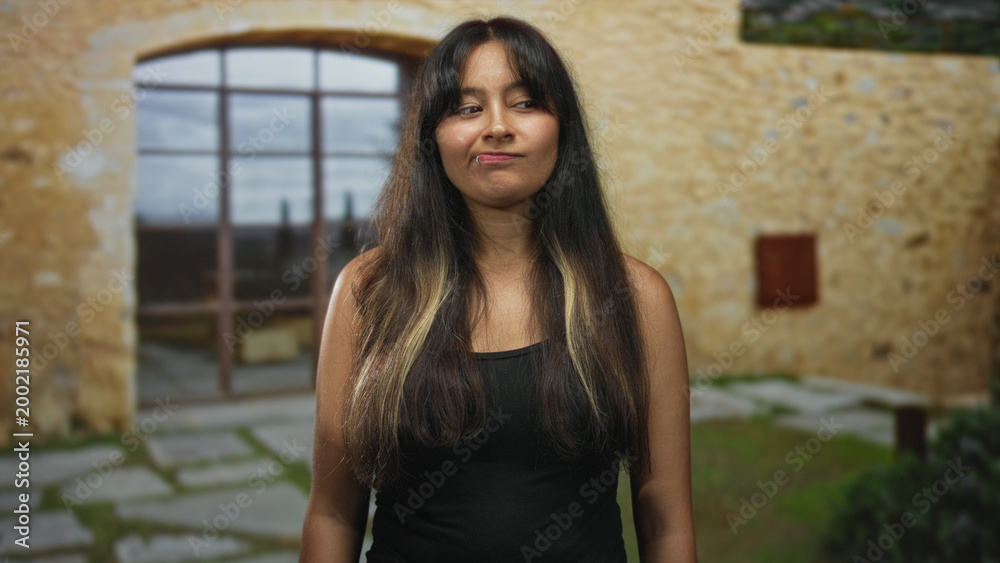 Fototapeta premium Young latina brunette woman standing at building entrance wearing a black tank top, lip ring visible, arms relaxed at sides; amusement.