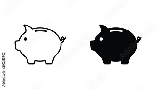 Piggy bank savings icon in outline and solid black vector style for financial planning and money management concepts isolated on white background