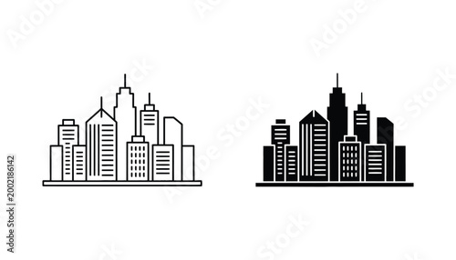City skyline silhouette icon with modern buildings and skyscrapers in outline and solid black styles for urban architecture and real estate design