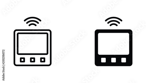 Digital device icon with wireless signal symbol in outline and solid black styles for smart home technology and connectivity concepts