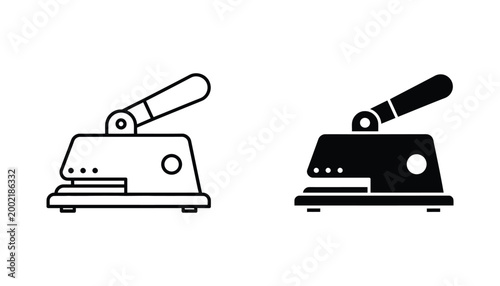 Stapler and hole punch icon set with outline and solid black versions demonstrating office supplies for document preparation isolated on white