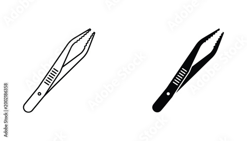Precision tweezers in outline and solid black icon styles showing fine tip and grip detail isolated on white background for clear visual representation