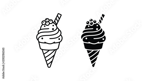 Ice cream cone icon in outline and solid black styles representing frozen desserts and sweet treats for summer or celebration themes isolated on white