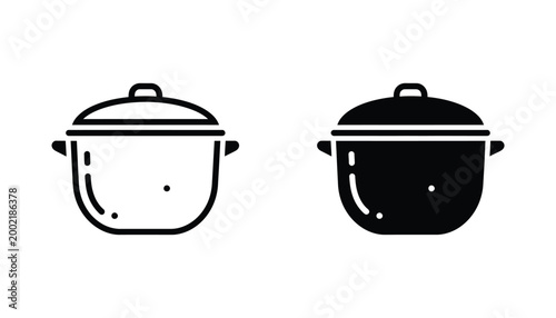 Cooking pot icon in outline and solid black styles depicting kitchenware for food preparation and culinary themes isolated on white background
