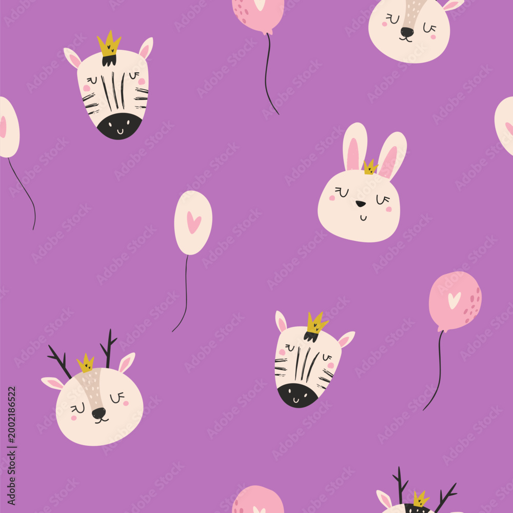 Fototapeta premium Cute seamless pattern with cartoon animal faces - deer, zebra, rabbit