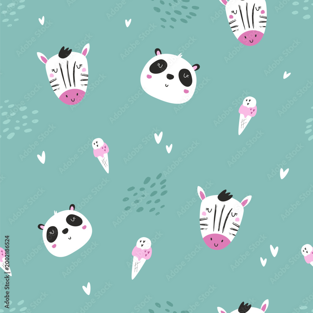 Fototapeta premium Cute seamless pattern with zebras, pandas, ice cream for baby apparel