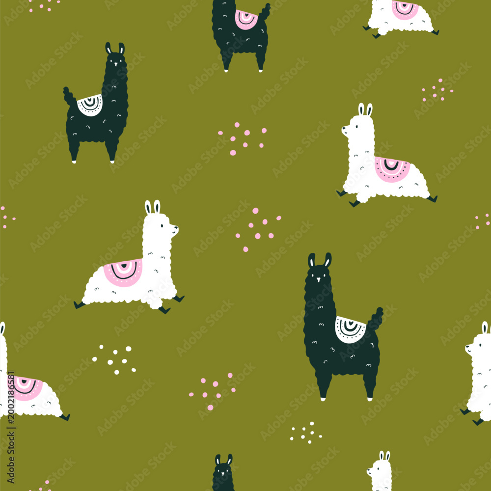 Fototapeta premium Cute seamless pattern with cartoon llamas