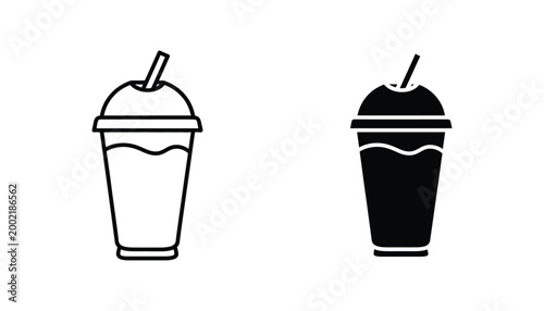 Disposable beverage cup with lid and straw icon set featuring coffee or smoothie takeaway in outline and solid black silhouette styles