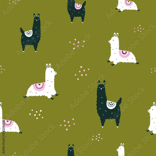 Cute seamless pattern with cartoon llamas