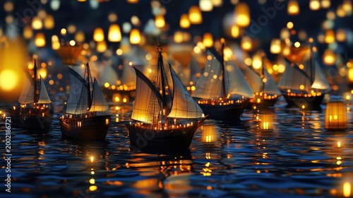 Enchanting flotilla of sailing ships illuminated by lanterns at twilight voyage